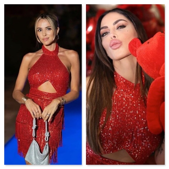 Sequined Tassel Cut Out Mini Short Dress Halter Neck in Red & Silver - Picture 7 of 7